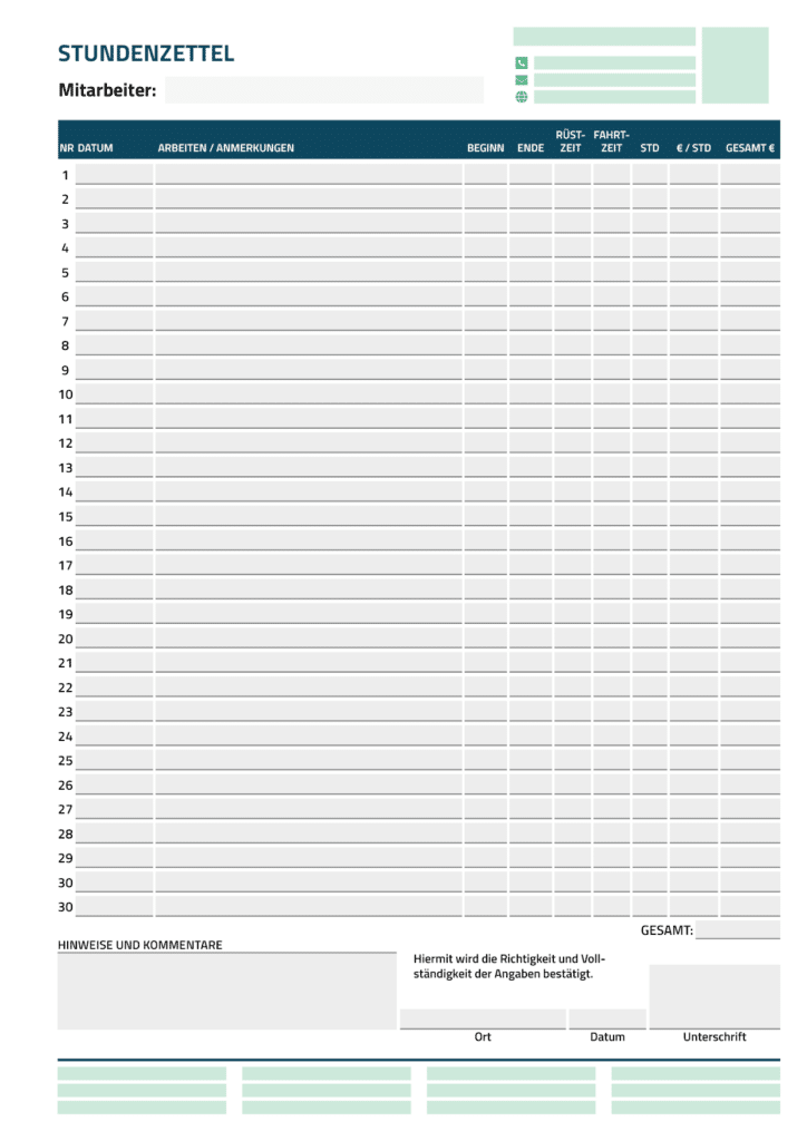 Stundenzettel Vorlage für 1 Mitarbeiter, 31 Tage: Darum, ausgeführte Arbeiten, Beginn, Ende, Rüstzeit, Fahrtzeit, Stunden, Stundensatz und Lohn