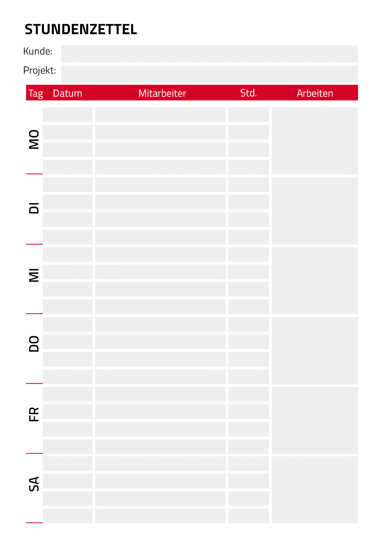 Stundenzettel für 6 Tage pro Woche, 4 Mitarbeiter, direkte Arbeitsstunden und ausgeführte Arbeiten