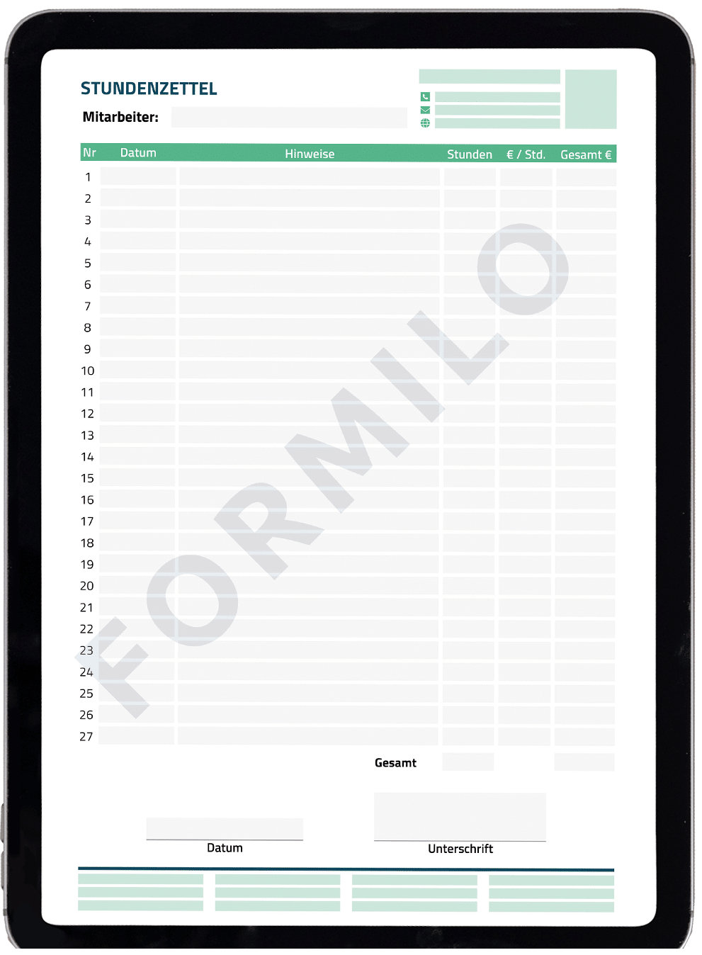 Stundenzettel Vorlage PDF in Tablet öffnen