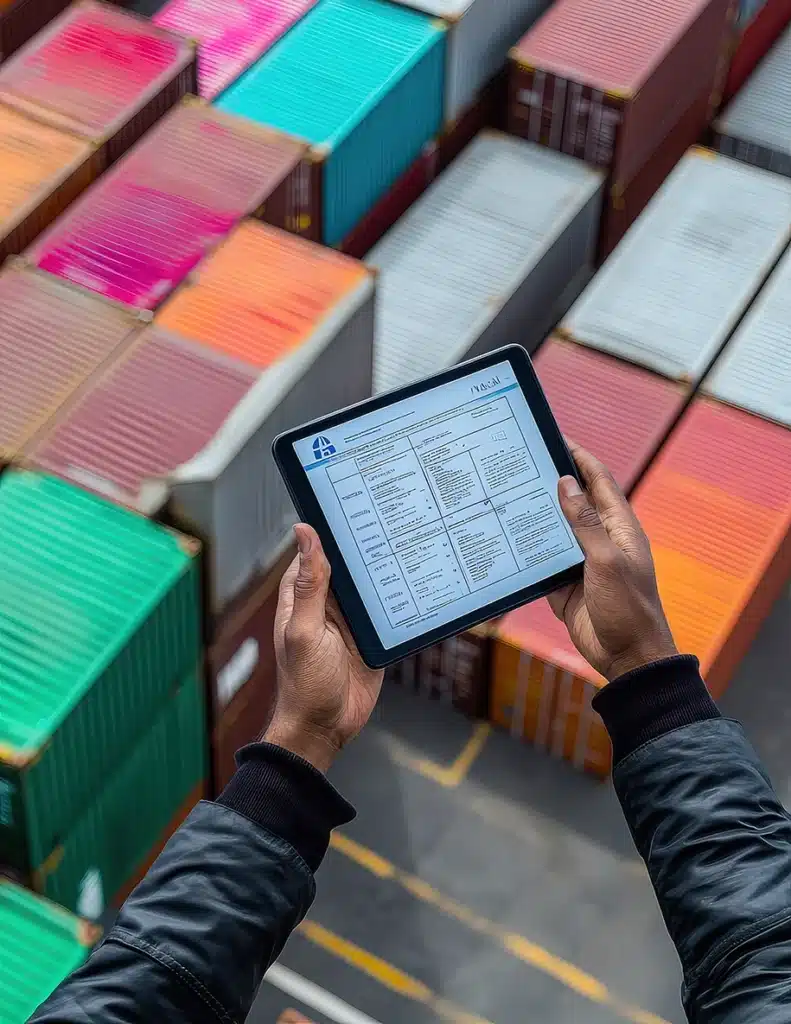 Tablet mit Versanddokument und Blick auf Container