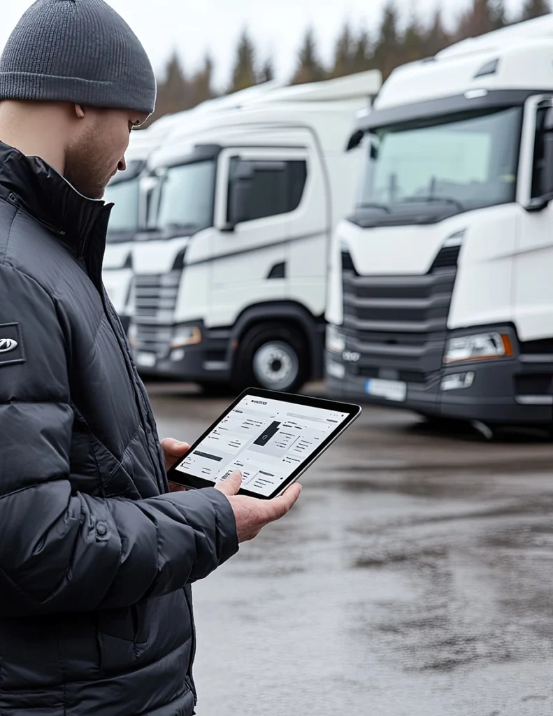 LKW-Fahrer steht neben einem Fahrzeug und interagiert mit einem Tablet