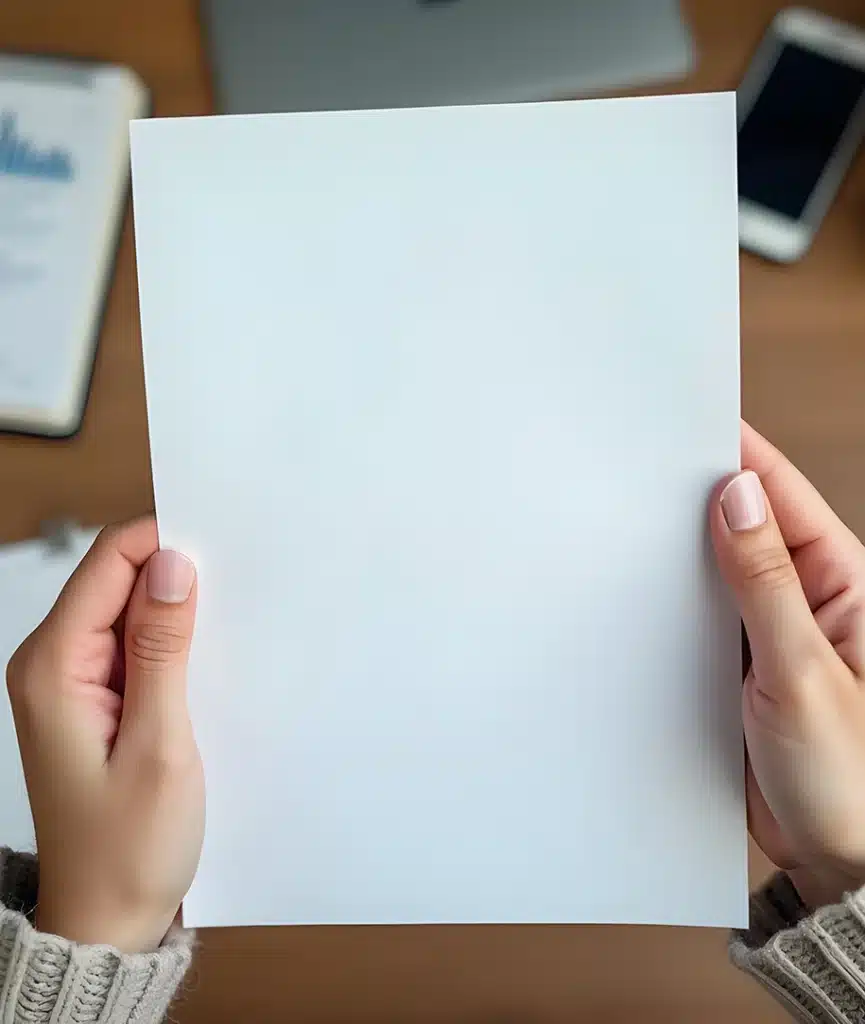 Person hält ein leeres weißes A4-Blatt Papier mit einem Arbeitsbereich im Hintergrund.