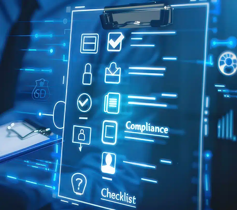 Digitale Compliance-Checkliste mit futuristischer Oberfläche