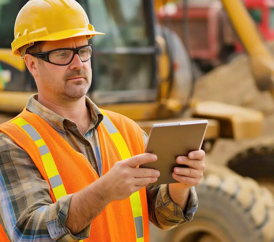 Bauleiter nutzt ein Tablet auf der Baustelle, trägt eine Warnweste und einen Schutzhelm