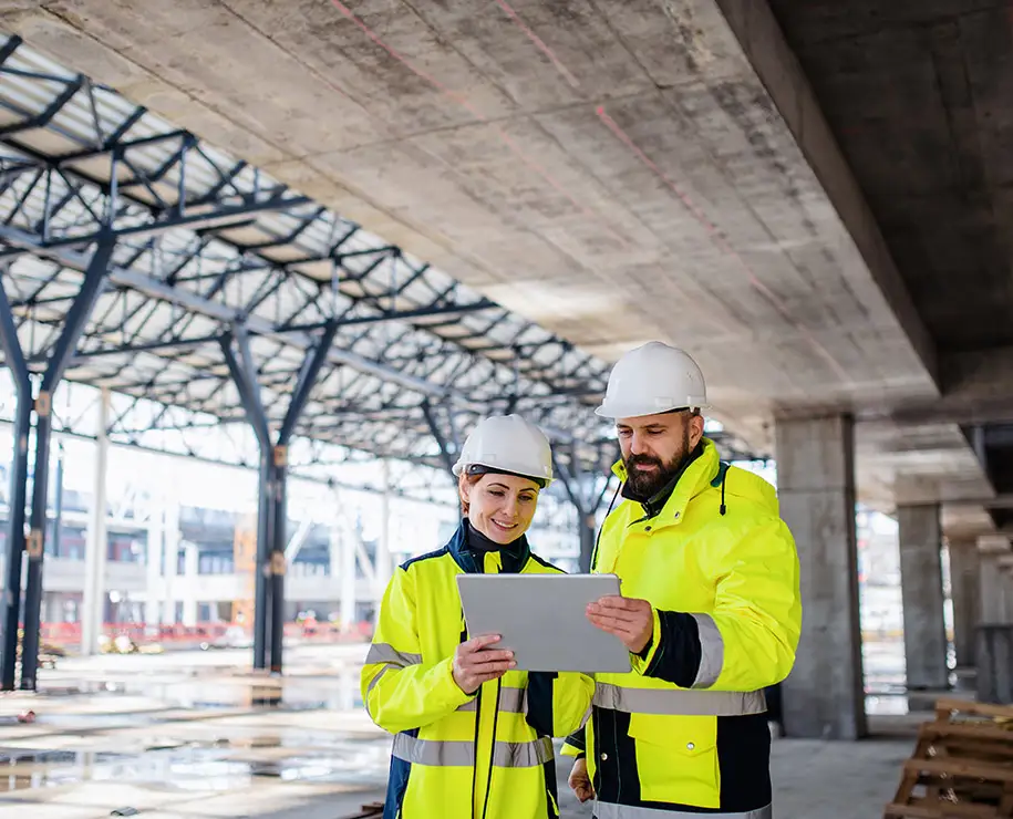 Ein Bauingenieur und eine Bauingenieurin betrachten Daten auf einem Tablet in einem Rohbau