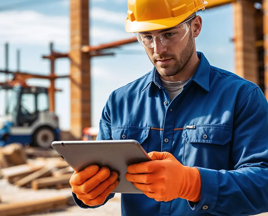 Ein Bauarbeiter im Blaumann hält ein Tablet auf einer Baustelle