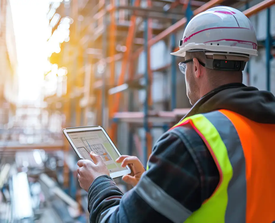 Ein Bauingenieur nutzt sein Tablet auf der Baustelle