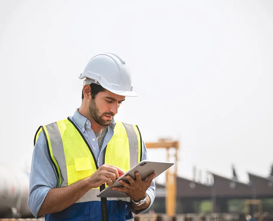 Ein junger Bauingenieur tippt Daten in ein Tablet nahe einer Baustelle