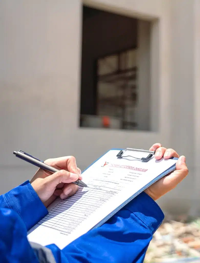 Eine Person steht vor einem Gebäude und führt eine Checkliste durch