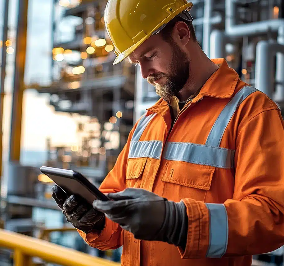 Industriearbeiter, der voreiner Baustelle steht und ein Tablet hält.