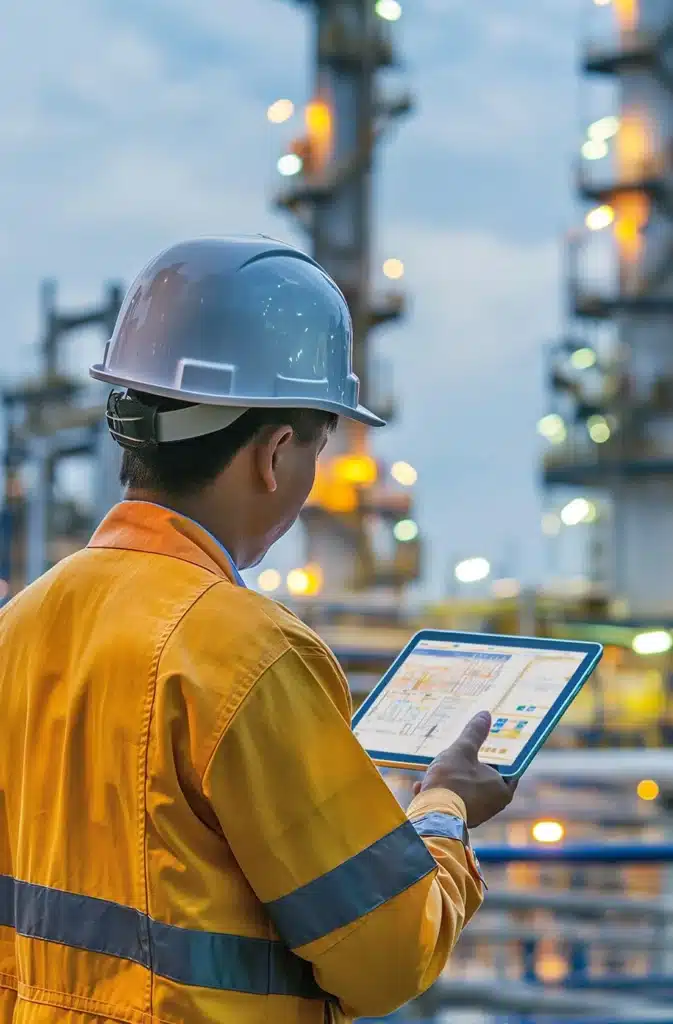 Ein Ingenieur mit Schutzhut trägt ein Tablet in der Hand, während er in einer Fabrik arbeitet.