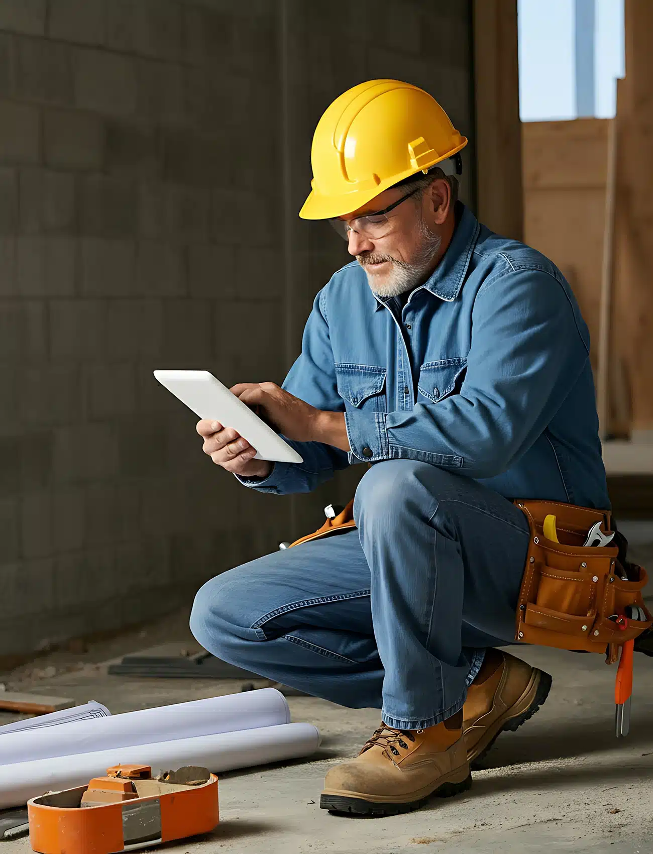 Ein Bauarbeiter nutzt ein Tablet auf einer Baustelle