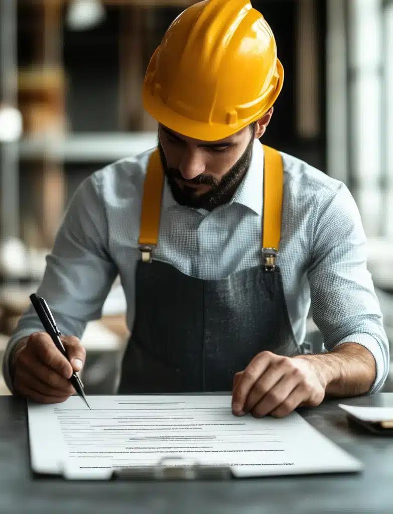 Ingenieur überprüft Baupläne in einem modernen Büro