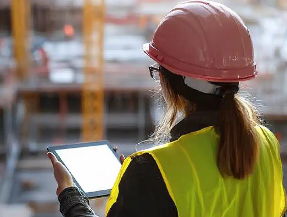 Ingenieurin steht auf einer Baustelle und hält ein Tablet