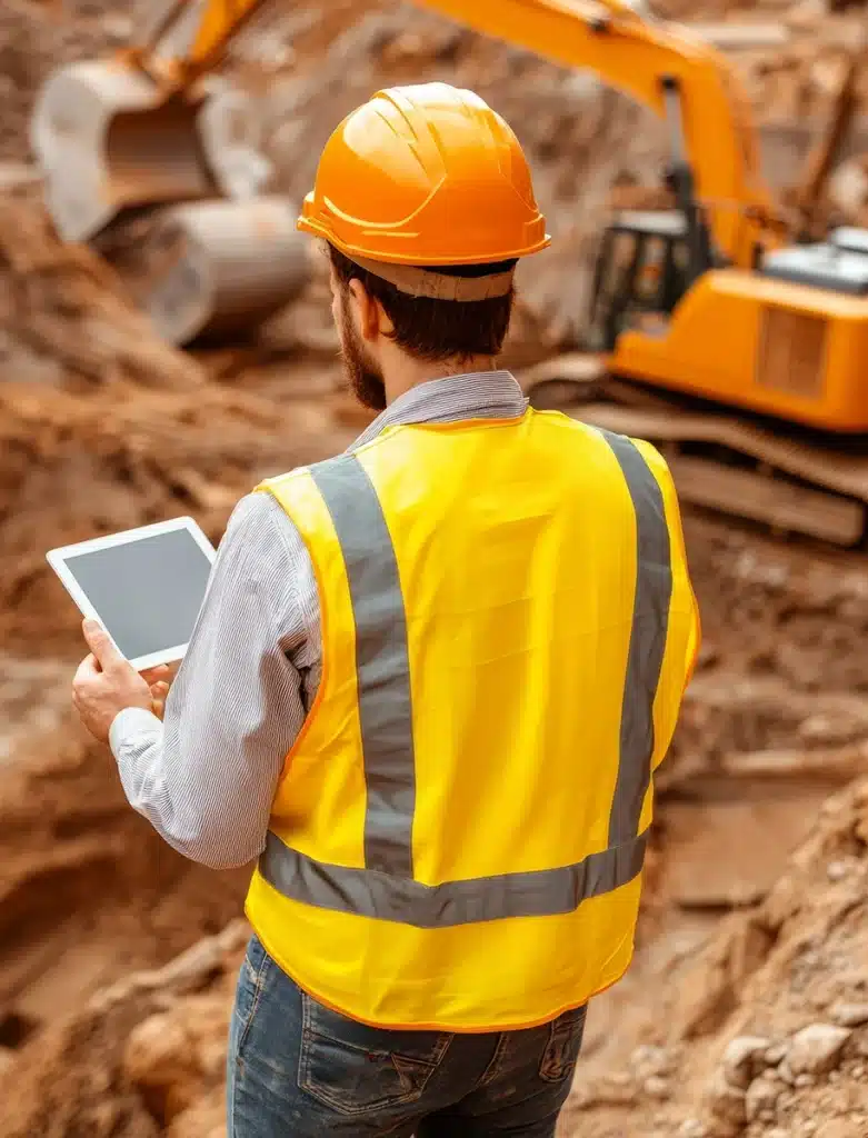 Bauarbeiter nutzt Tablet auf einer Ausgrabungsstätte, im Hintergrund sind schwere Maschinen zu sehen.