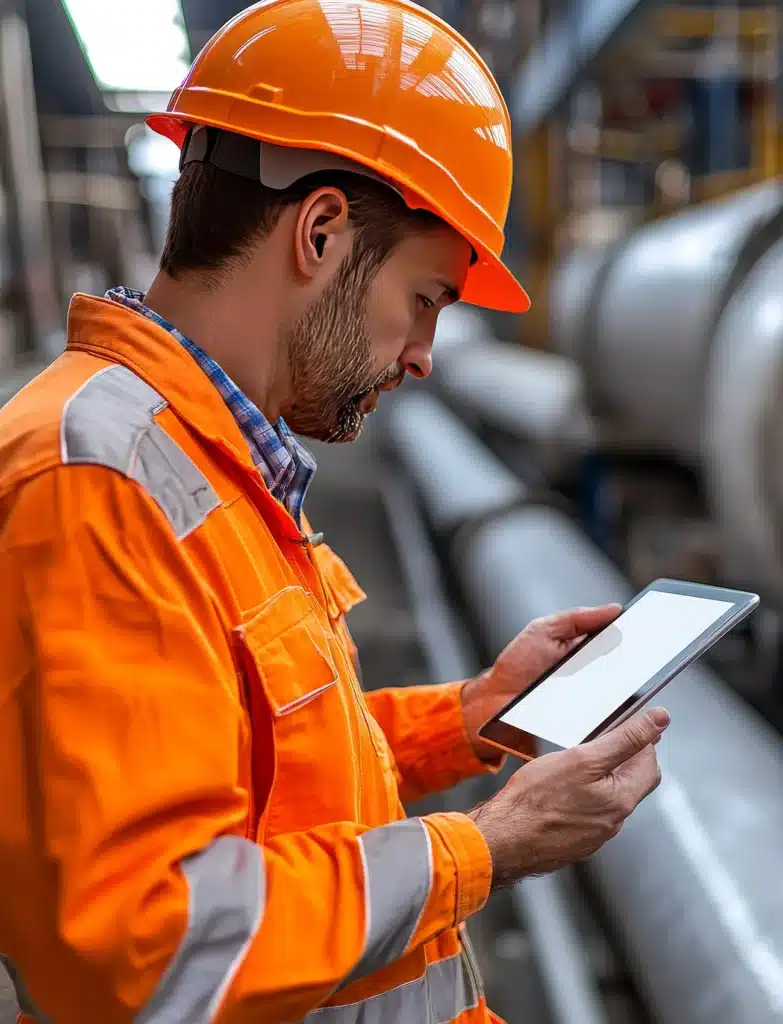 Ingenieur mit Schutzhelm nutzt digitales Tablet zur Inspektion der Baustelle