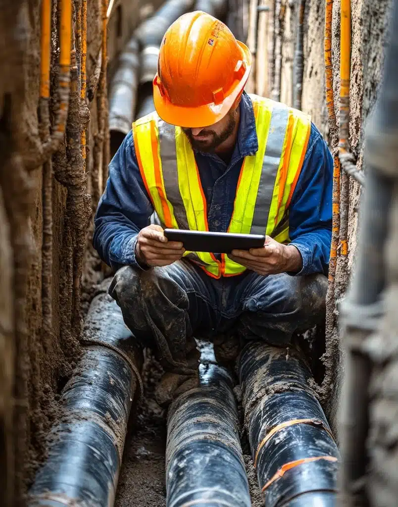 Ingenieur inspiziert unterirdische Rohrinstallation mit digitalem Tablet im Graben