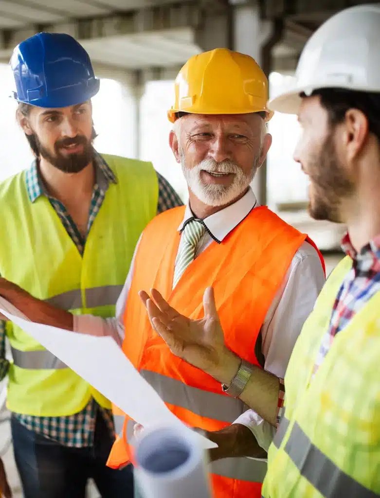 Diskussion zwischen Bauingenieuren und Architekten am Bau oder auf der Baustelle