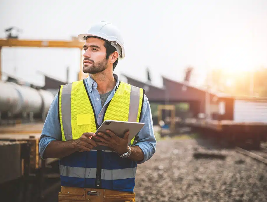 Ein Bauarbeiter steht auf einer Baustelle und hält ein digitales Tablet in der Hand