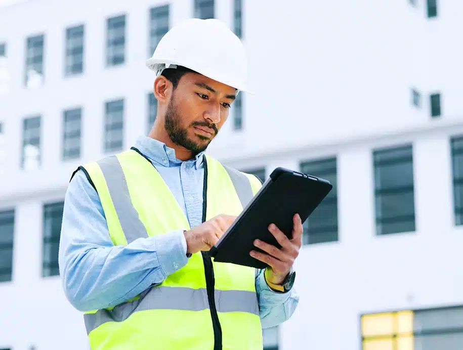 Ingenieur prüft Daten auf digitalem Tablet und inspiziert die Baustelle