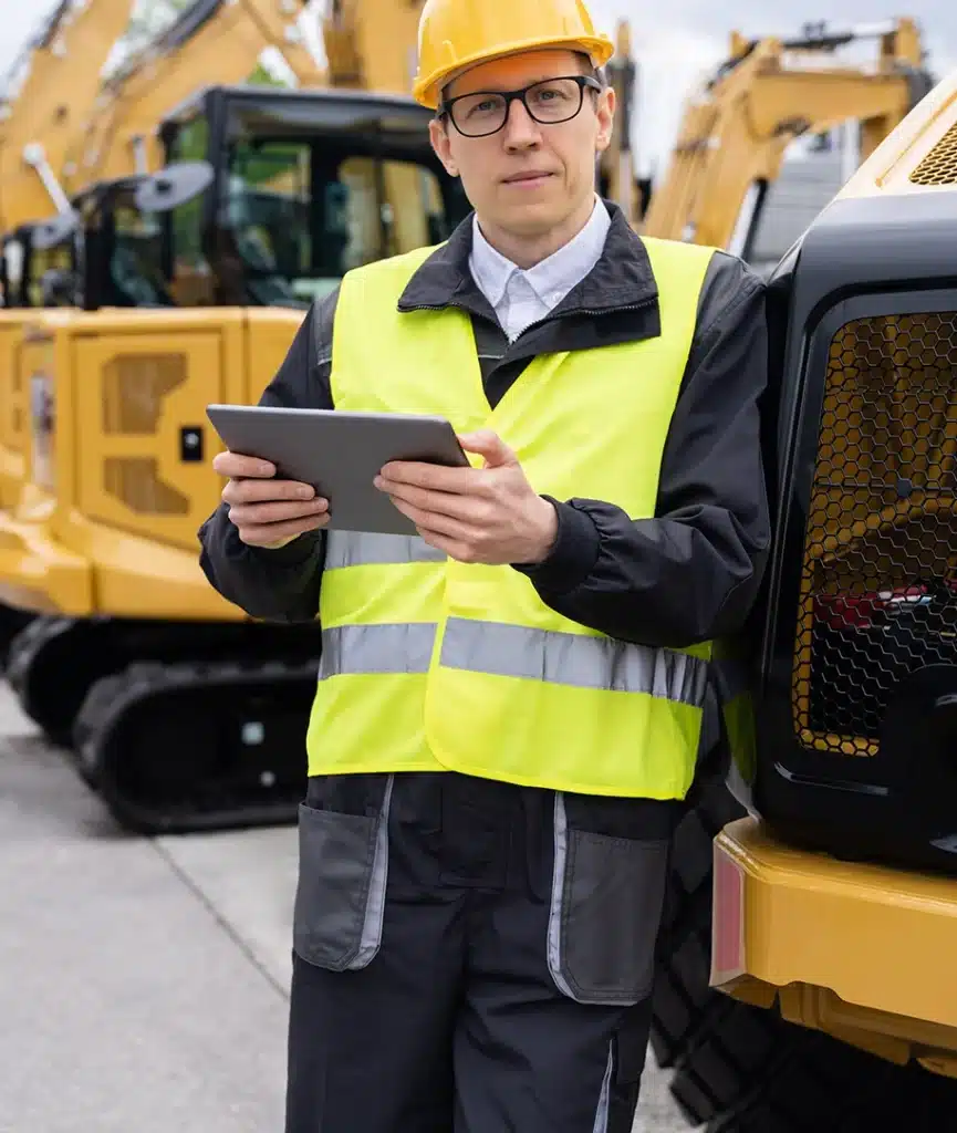 Ingenieur mit Helm und digitalem Tablet steht neben Baubaggern.