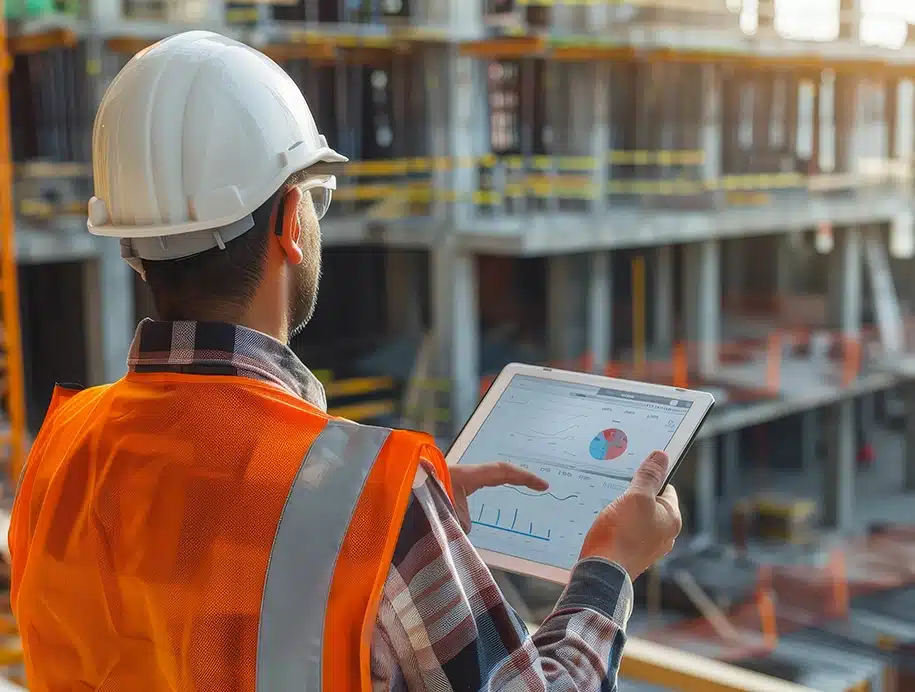 Ingenieur nutzt ein digitales Tablet auf einer Baustelle