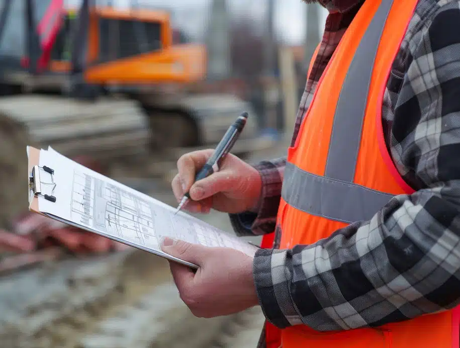 Bauarbeiter führt die Checkliste für die Überprüfung von Bauarbeitern