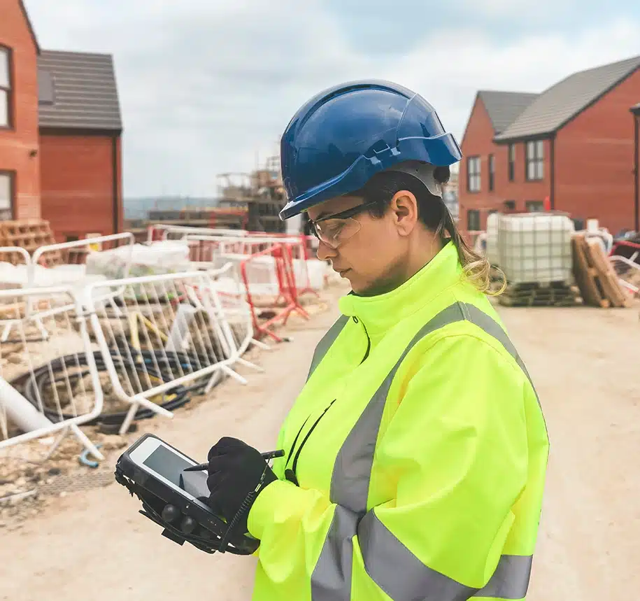 Bauarbeiter nutzt Tablet auf einer Baustelle