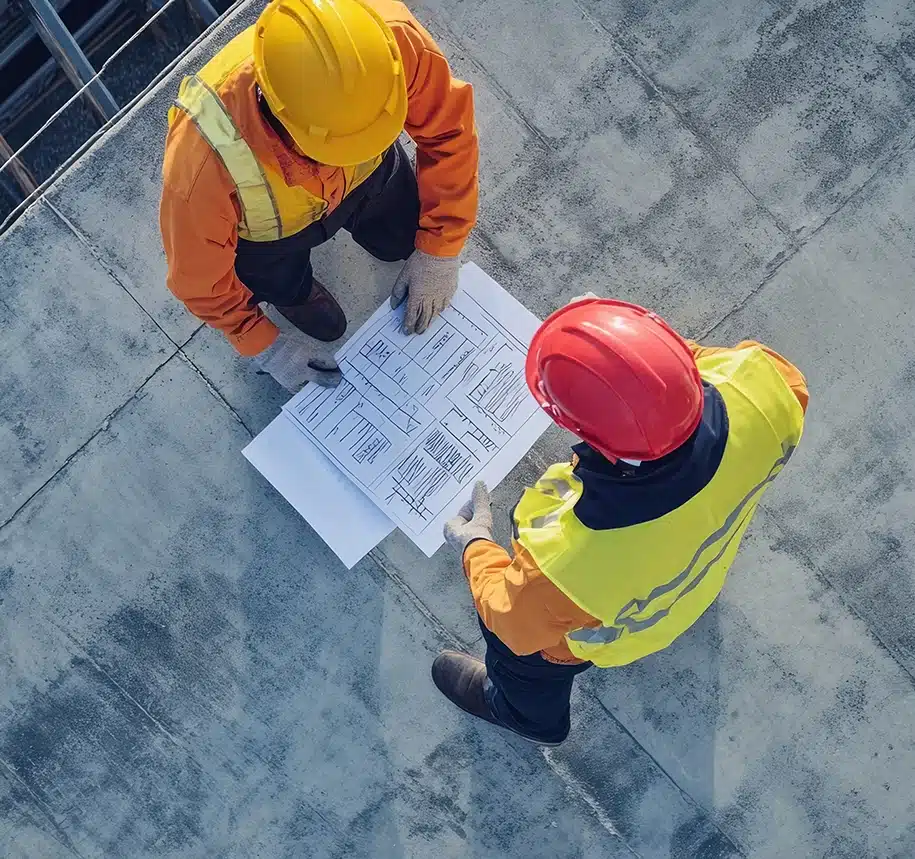 Bauarbeiter, die auf einer Baustelle stehen und Baupläne besprechen