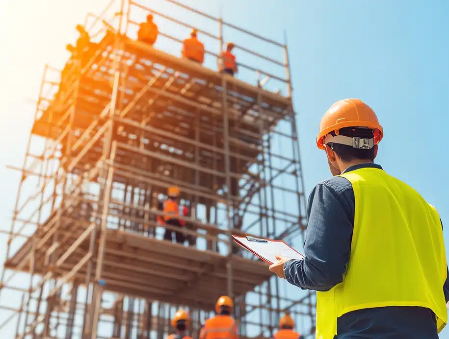 Ein Bauarbeiter überwacht eine Gerüstbaustelle und hält währenddessen ein Klemmbrett in der Hand