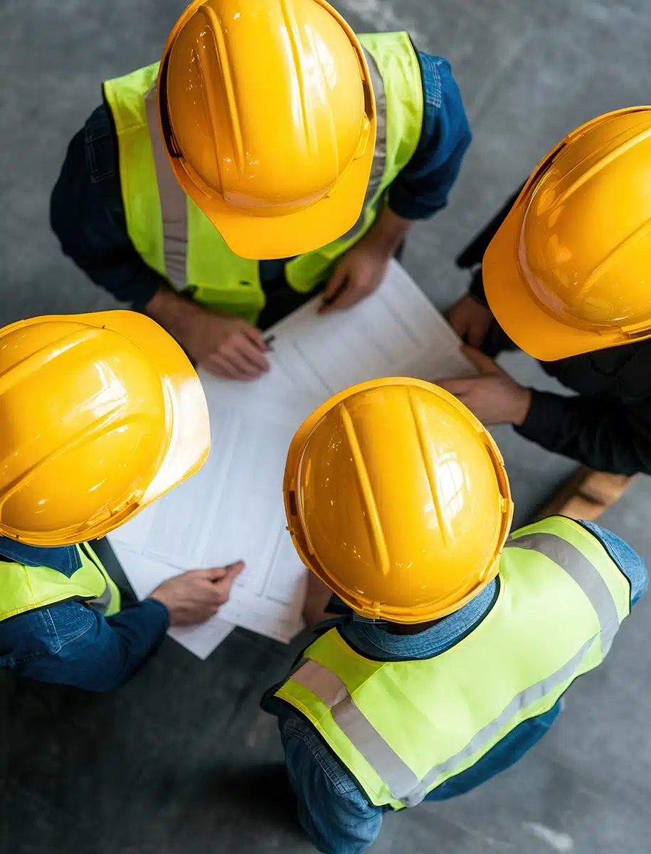 Gruppe von Bauarbeitern, die in einer Arbeitsumgebung mit Schutzhelmen und -westen an Projektplänen zusammenarbeiten.