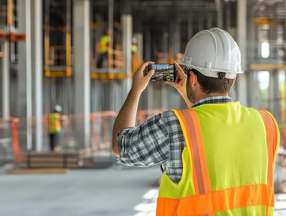 Bauarbeiter macht als Beweismittel ein Bild von der Baustelle