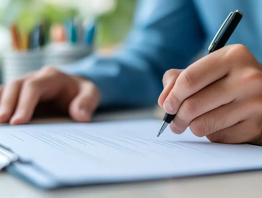 Eine Person schreibt mit einem Stift auf ein Blatt Papier und zeigt damit die Tätigung im Arbeitsumfeld