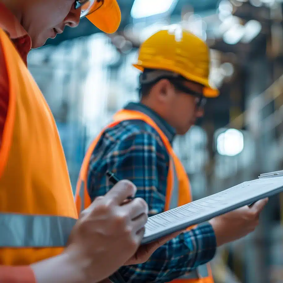 Ein Bauarbeiter hält einen Stift in der Hand und füllt vor dem Hintergrund einer Baustelle ein Dokument aus.