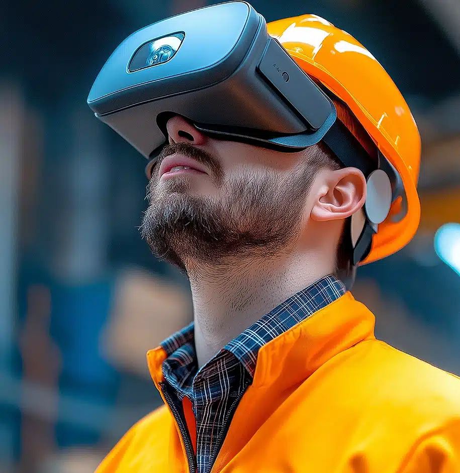 Ein Ingenieur führt mit einer Virtual-Reality-Headset eine 3D-Konstruktionssimulation durch