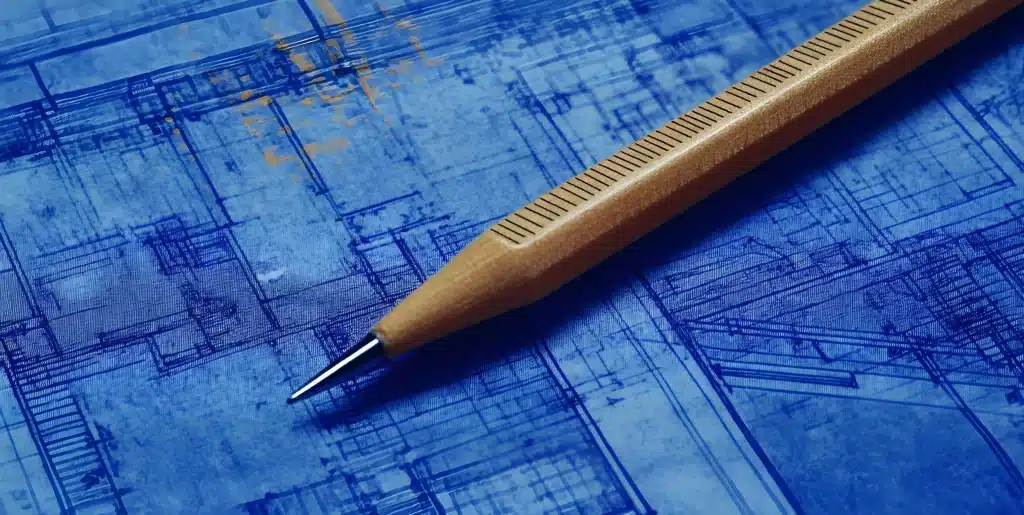 Architekturzeichnungen auf einem blauen Papier mit einem Bleistift