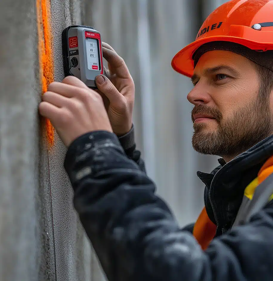 Ein Fachmann überprüft mit einem digitalen Messgerät die Ausrichtung einer Wand auf einer Baustelle.