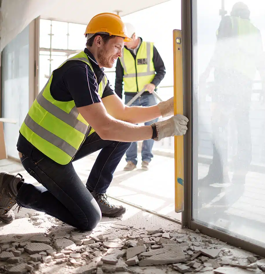 Bauarbeiter misst Fenster auf der Baustelle