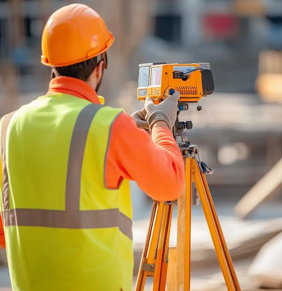 Bauarbeiter in Sicherheitsausrüstung nutzt Vermessungsgeräte und Messwerkzeuge auf einer Baustelle