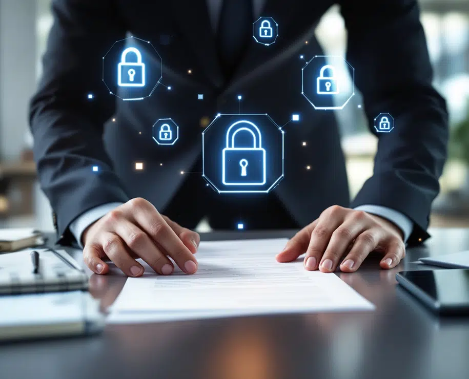 Geschäftsmann mit Händen auf Dokumenten über dem Schreibtisch, leuchtende Vorhängeschloss-Symbole